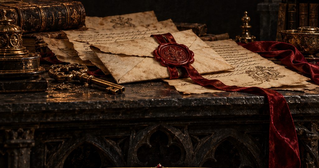 Cartas lacradas com cera vermelha sobre uma mesa antiga